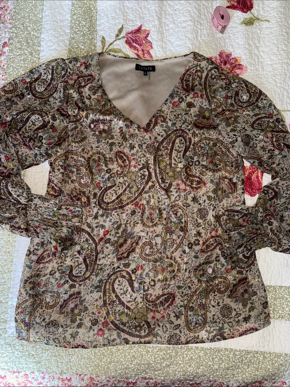 1. STATE Beige Multi Paisley V-Neck Blouse